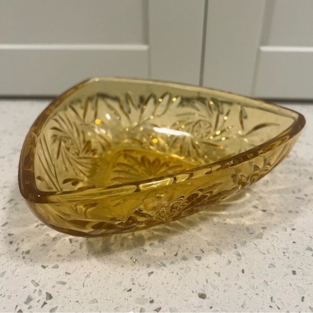 Vintage HAZEL ATLAS Triangular Amber Cut Glass Bowl Serving Dish Pinwheel